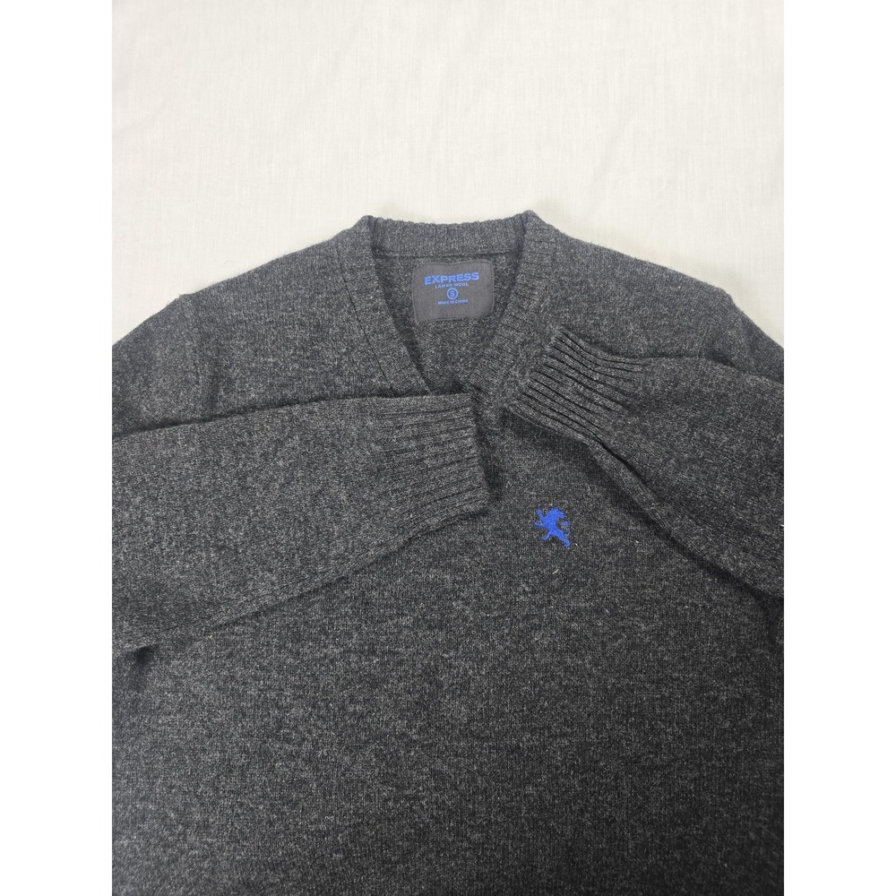 Express Sweater Mens Small Gray 100% Lambswool V Neck Knit Pullover Logo